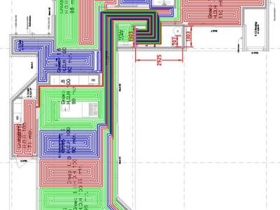 Het schema van de vloerverwarming in de staalframewoning.