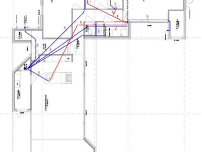 Het schema van de koudwaterleidingen en de warmwaterleidingen.