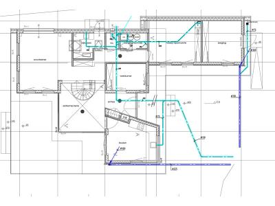 Het legplan van de vuilwaterafvoer en de hemelwaterafvoer.