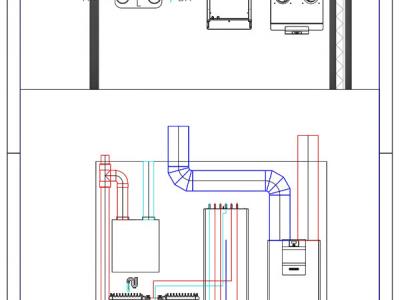 De opstelling van de installaties met het ventilatiesysteem en de warmtepomp.