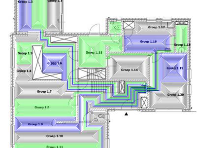 Het legplan voor de vloerverwarming met 20 aanstuurbare zones.