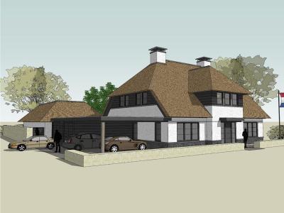 Een impressie van de rietgedekte villa met water/water-warmtepomp.