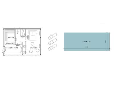 De plattegrond van het pool house en zwembad.